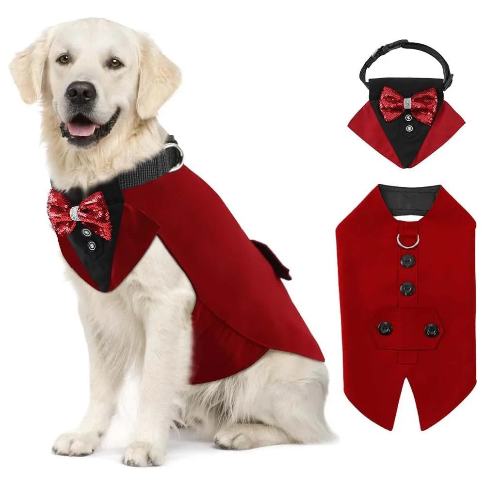 Tanpopo New Pet Cloth Resistant Dog Costume Wedding Attire Coat Decorative Tuxedo Wear Party Suit Jacket Collar and Bandana Set